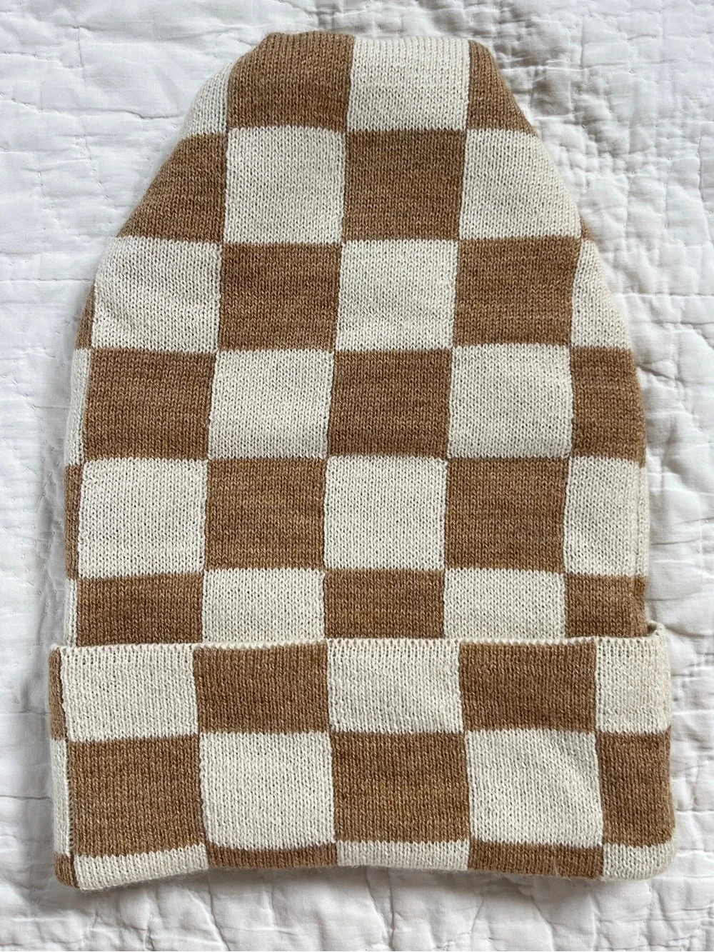 Loeffler Randall Bartlet Checker Knit Highland Wool Beanie Winter Hat Tan Ivory